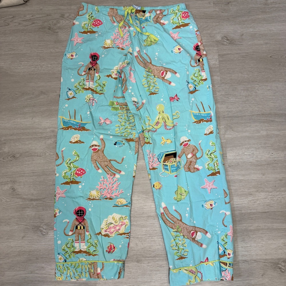 Nick & Nora Scuba Sock Monkey Pajama Pants Blue Cotton Women Small